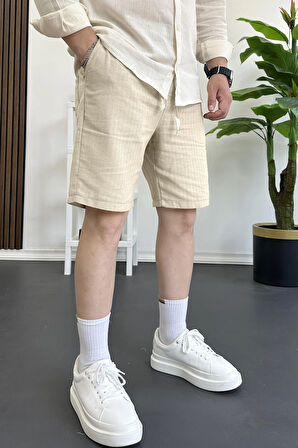 Erkek Beli Lastikli Keten Kumaş Şort Krem Edw370