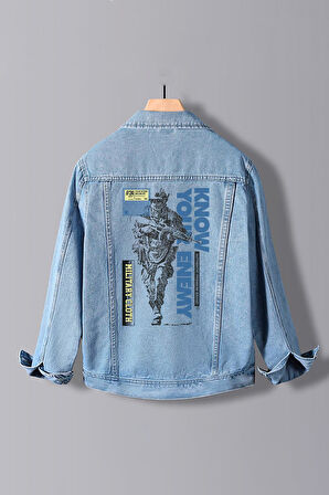 Erkek Slim Fit Sırt Baskılı Denim Kot Ceket Açık Mavi Edw371