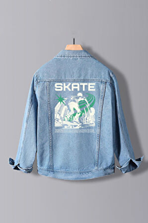 Erkek Slim Fit Sırt Baskılı Denim Kot Ceket Açık Mavi Edw373