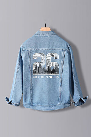 Erkek Slim Fit Sırt Baskılı Denim Kot Ceket Açık Mavi Edw376