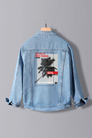 Erkek Slim Fit Sırt Baskılı Denim Kot Ceket Açık Mavi Edw378