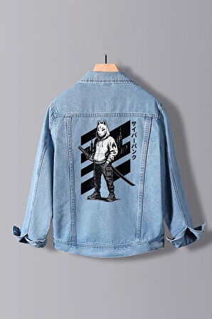 Erkek Slim Fit Sırt Baskılı Denim Kot Ceket Açık Mavi Edw380