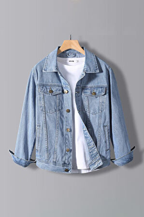 Erkek Slim Fit Sırt Baskılı Denim Kot Ceket Açık Mavi Edw382