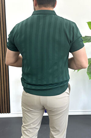 Erkek Açık Yaka Desenli Tişört Koyu Yeşil Edw385