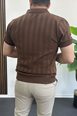 Erkek Açık Yaka Desenli Tişört Kahverengi Edw385