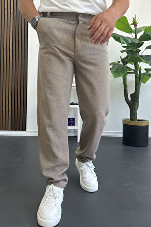 Erkek Normal Kesim Keten Pantolon Açık Kahverengi Edw386
