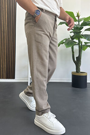 Erkek Normal Kesim Keten Pantolon Açık Kahverengi Edw386