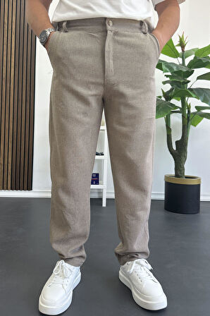 Erkek Normal Kesim Keten Pantolon Açık Kahverengi Edw386