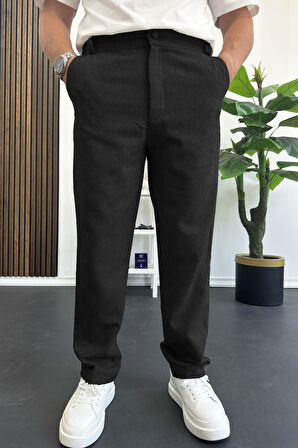 Erkek Normal Kesim Keten Pantolon Siyah Edw386