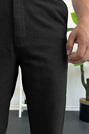 Erkek Normal Kesim Keten Pantolon Siyah Edw386