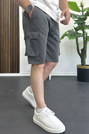 Erkek Beli Lastikli Cepli Şort Antrasit Edw388