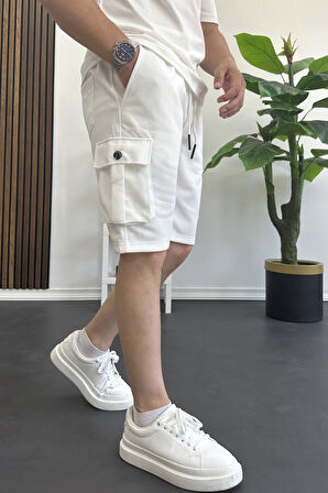 Erkek Beli Lastikli Cepli Şort Beyaz Edw388
