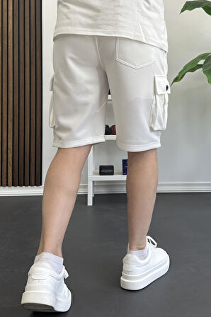 Erkek Beli Lastikli Cepli Şort Beyaz Edw388
