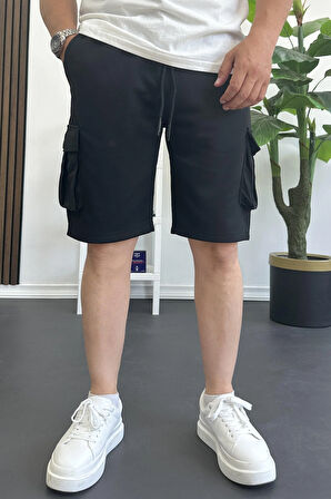 Erkek Beli Lastikli Cepli Şort Siyah Edw388