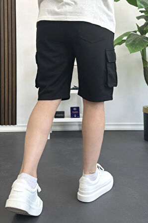 Erkek Beli Lastikli Cepli Şort Siyah Edw388
