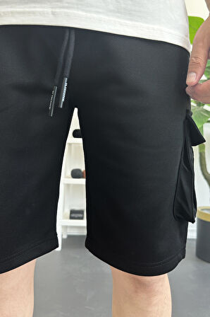 Erkek Beli Lastikli Cepli Şort Siyah Edw388