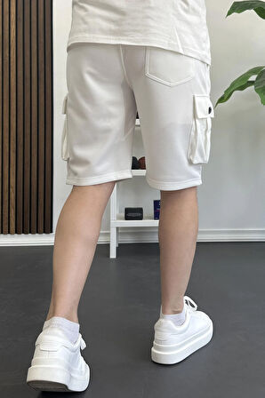 Erkek Beli Lastikli Cepli Şort Beyaz Edw388