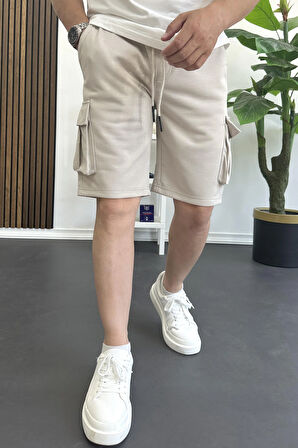 Erkek Beli Lastikli Cepli Şort Krem Edw388