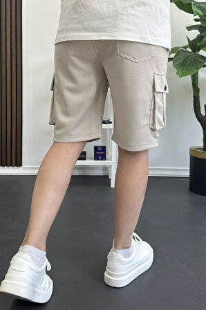 Erkek Beli Lastikli Cepli Şort Krem Edw388