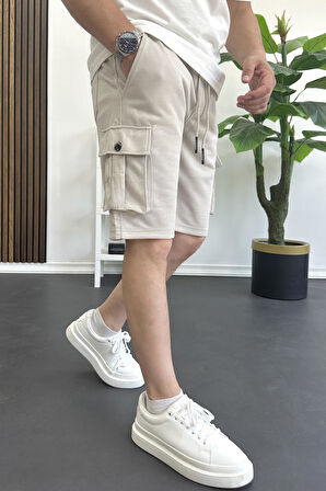 Erkek Beli Lastikli Cepli Şort Krem Edw388