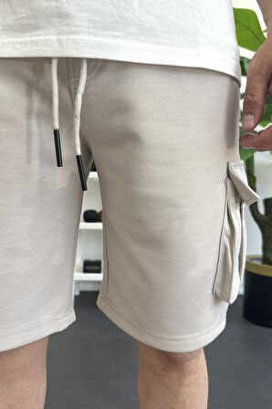 Erkek Beli Lastikli Cepli Şort Krem Edw388