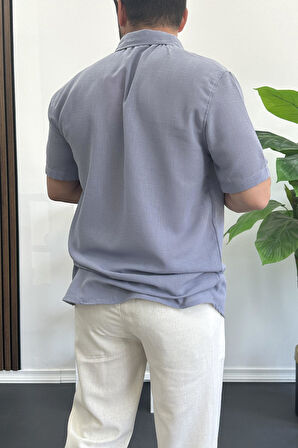 Erkek Kısa Kollu Keten Görünümlü Gömlek Mavi Edw389