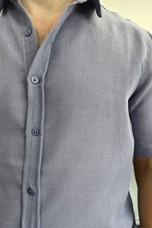 Erkek Kısa Kollu Keten Görünümlü Gömlek Mavi Edw389