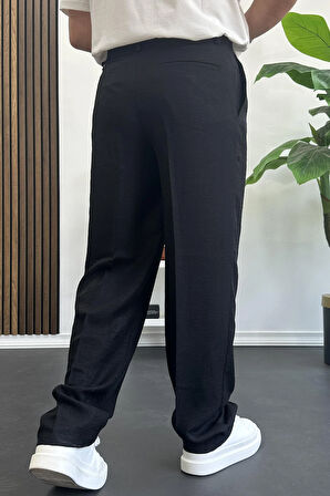 Erkek Beli Düğmeli Rahat Kalıp Yazlık Pantolon Siyah Edw393