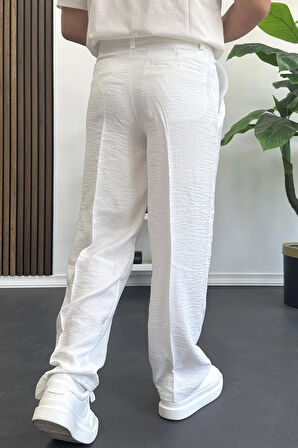 Erkek Beli Düğmeli Rahat Kalıp Yazlık Pantolon Beyaz Edw393