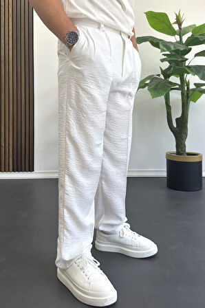 Erkek Beli Düğmeli Rahat Kalıp Yazlık Pantolon Beyaz Edw393