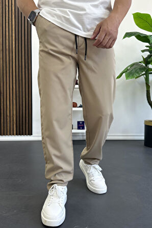 Erkek Beli Lastikli Jogger Pantolon Krem Edw394