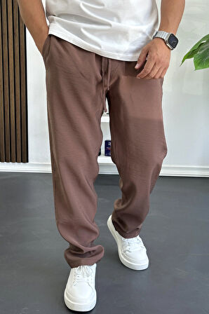 Erkek Beli Lastikli Modal Kumaş Rahat Kesim Pantolon Kahverengi Edw396