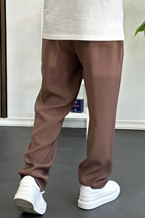 Erkek Beli Lastikli Modal Kumaş Rahat Kesim Pantolon Kahverengi Edw396