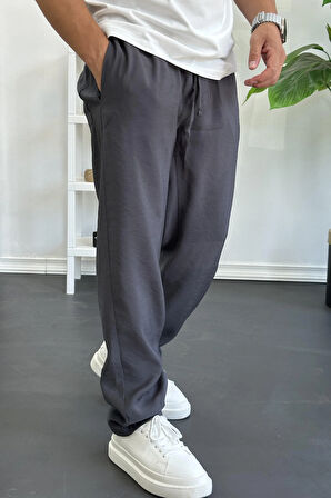 Erkek Beli Lastikli Modal Kumaş Rahat Kesim Pantolon Füme Edw396