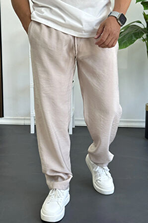 Erkek Beli Lastikli Modal Kumaş Rahat Kesim Pantolon Krem Edw396
