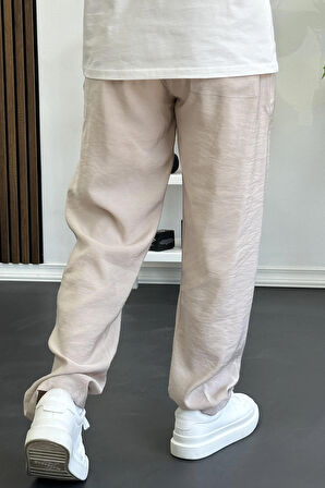 Erkek Beli Lastikli Modal Kumaş Rahat Kesim Pantolon Krem Edw396