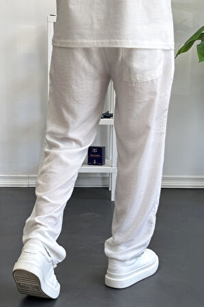 Erkek Beli Lastikli Modal Kumaş Rahat Kesim Pantolon Beyaz Edw396