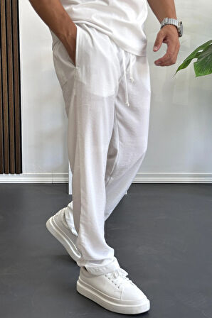 Erkek Beli Lastikli Modal Kumaş Rahat Kesim Pantolon Beyaz Edw396