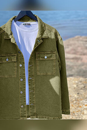 Erkek Oversize Denim Kot Gömlek Ceket Haki Edw397