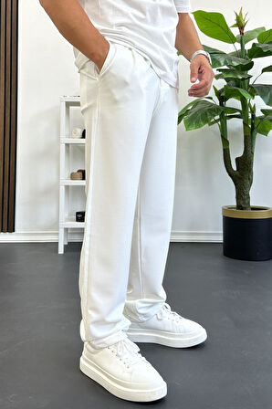 Erkek Rahat Kalıp Pileli Pantolon Beyaz Edw402