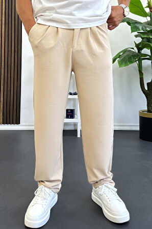 Erkek Rahat Kalıp Pileli Pantolon Krem Edw402