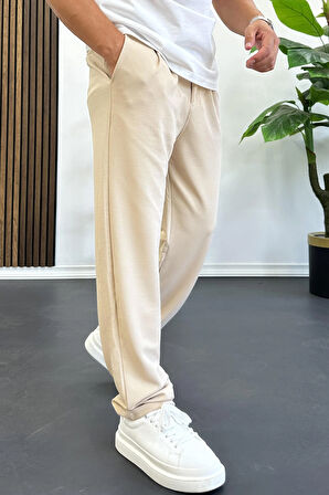 Erkek Rahat Kalıp Pileli Pantolon Krem Edw402