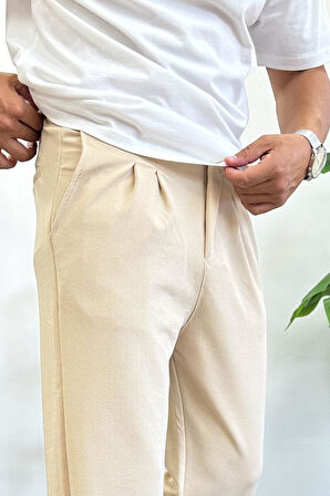 Erkek Rahat Kalıp Pileli Pantolon Krem Edw402