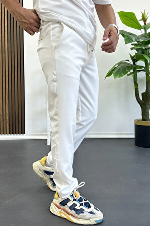 Erkek Slim Fit Beli İpli Düğmeli Pantolon Beyaz Edw403