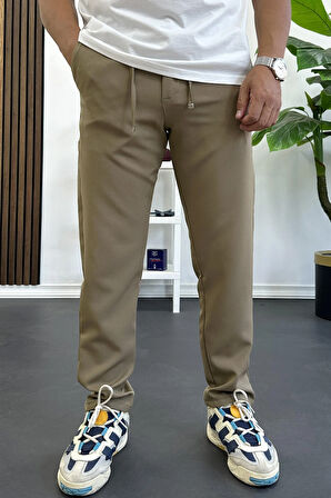 Erkek Slim Fit Beli İpli Düğmeli Pantolon Kahverengi Edw403