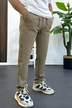 Erkek Slim Fit Beli İpli Düğmeli Pantolon Kahverengi Edw403