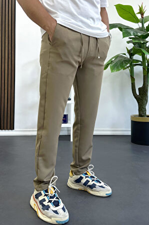 Erkek Slim Fit Beli İpli Düğmeli Pantolon Kahverengi Edw403