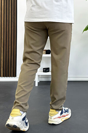 Erkek Slim Fit Beli İpli Düğmeli Pantolon Kahverengi Edw403