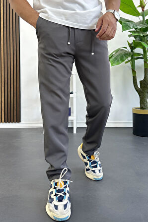 Erkek Slim Fit Beli İpli Düğmeli Pantolon Gri Edw403