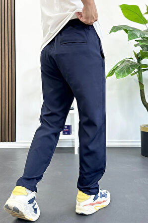 Erkek Slim Fit Beli İpli Düğmeli Pantolon Lacivert Edw403